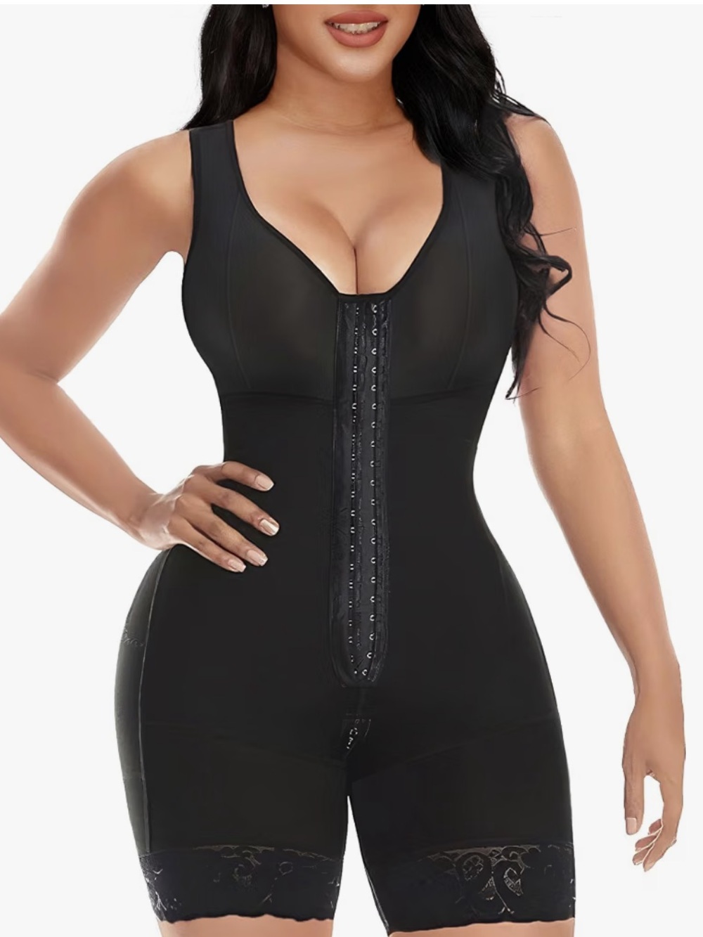 Black Full-Body Shapewear Bodysuit with Front Hook Closure - NWT Size M